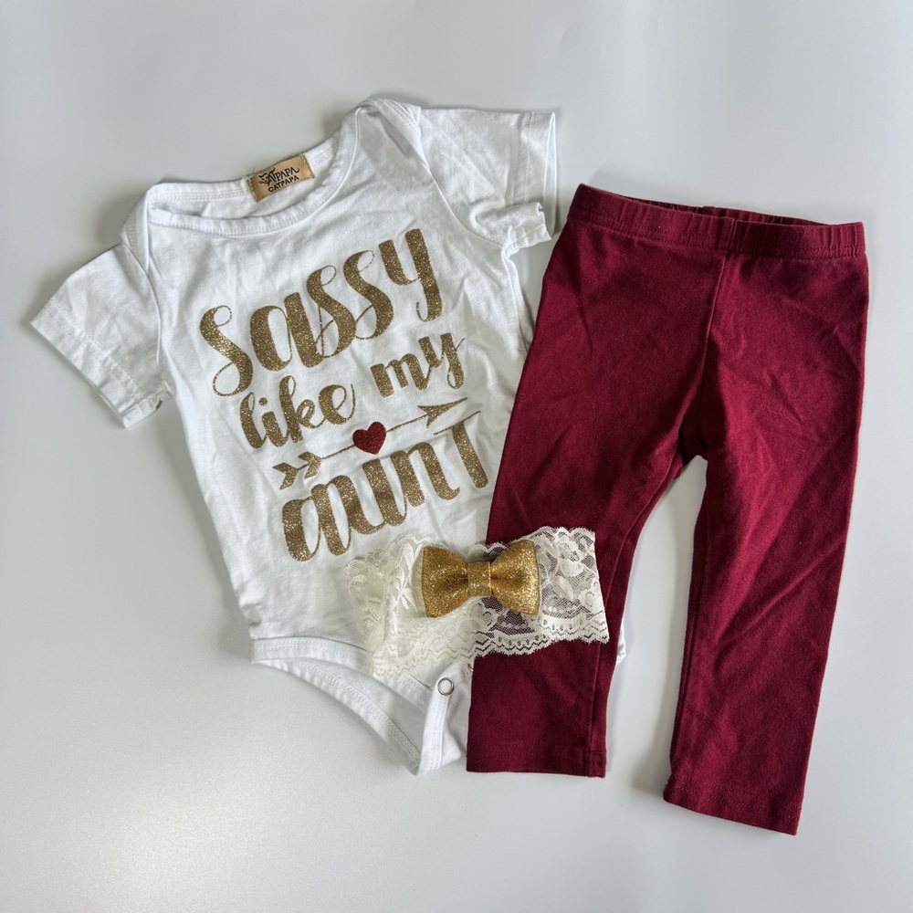 Baby Girl Sassy Like My Aunt Outfit Size 6 Months Red Pants White Gold Bow Fall